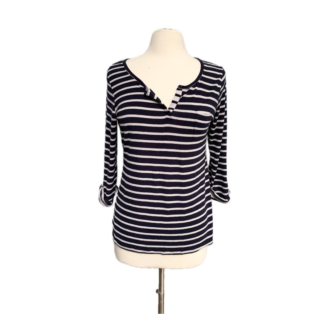 Navy Striped Knit V-Neck Top